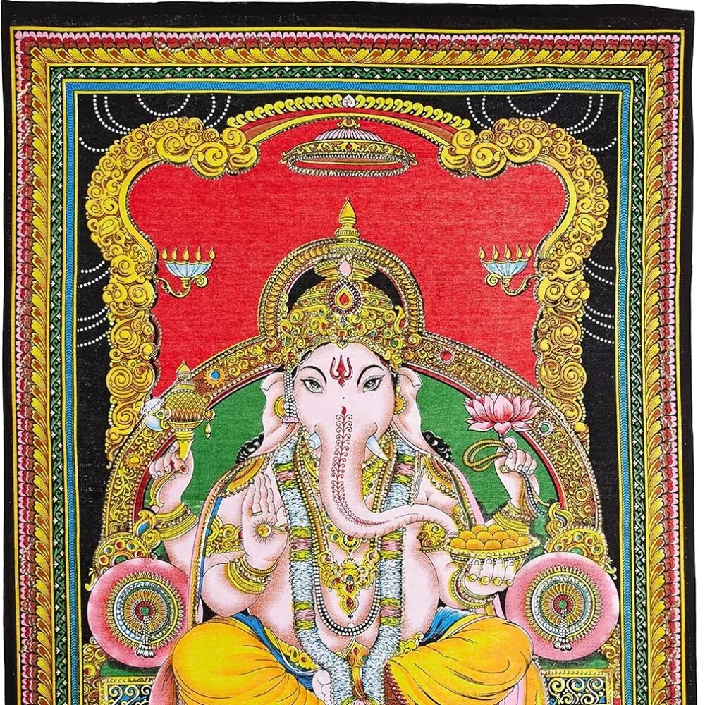 Lord Ganesha Deity Sequin Tapestry Indian God Batik Cotton Wall Hanging 43